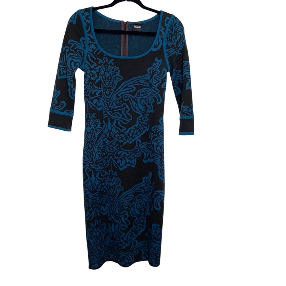 Wolford Sweater Dress Womens Small Merino Wool 3/4 Sleeves Black Blue Luxe
